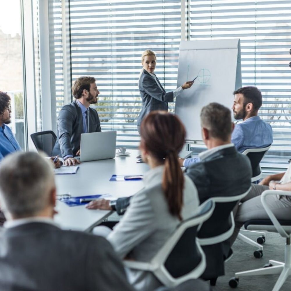 Mid adult businesswoman giving a presentation to her colleagues in a board room.